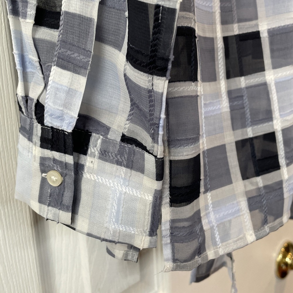 Ann Taylor Sheer Blouse Small Blue Plaid Tie Neck Long Sleeve Office Workwear - Picture 10 of 16
